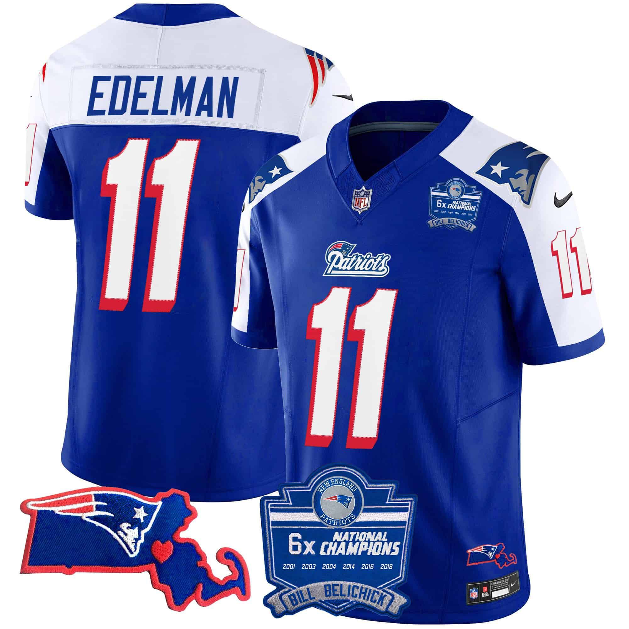 Men New England Patriots 11 Edelman Blue 2024 Nike 6x Champions Patch Vapor Limited NFL Jersey